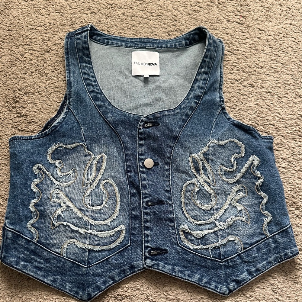 Fashion Nova Blue Denim Vest with Embroidery